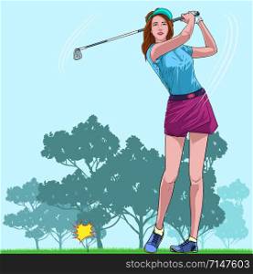 Beautiful women playing golf on vacation Happy gesture Illustration vector On pop art comic style Natural colorful background