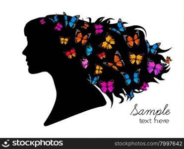 Beautiful women silhouette with colorful butterflies in the head. Vector