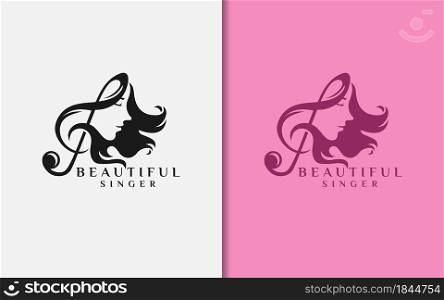 Beautiful Women Singer Logo Design with Music Chord Combination Style Concept. Graphic Design Element.