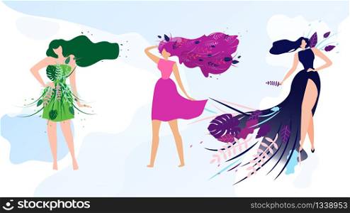 Beautiful Women Standing in Dress. Different Ladies Wearing Long Hair Decorated with Leaves Flat Cartoon Vector Illu. Green, Pink and Dark Characters in Elegant Clothing. Natural Models.