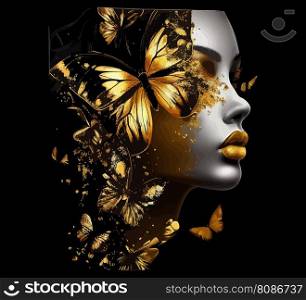 Beautiful women with fantastic golden lips and butterflies. Vector illustratiion desing.