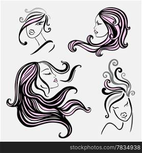 Beautiful Women with long hair. Vector Illustration.