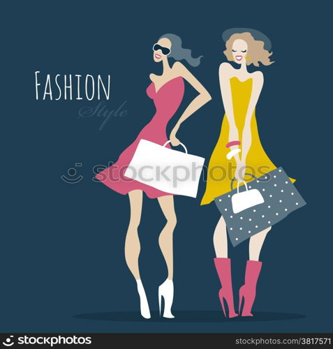 Beautiful Women with shopping bags. Fashion girls. Vector illustration