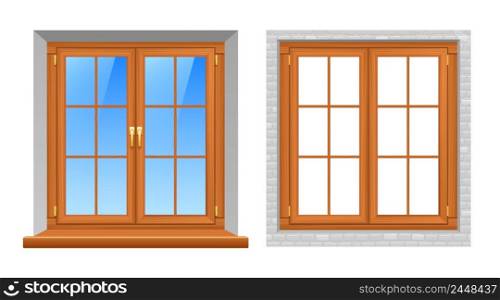 Beautiful wooden texture classic style window frames indoor and outside views 2 realistic icons set vector isolated illustration. Wooden Windows Indoor Outdoor Realistic Icons