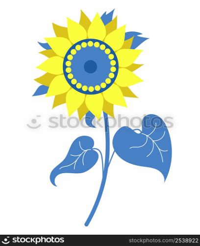Beautiful Yellow blue sunflower. flowering plant with leaves. Vector illustration. Colors of Ukrainian flag. trendy plant For design, decor and decoration, prints, covers and postcards