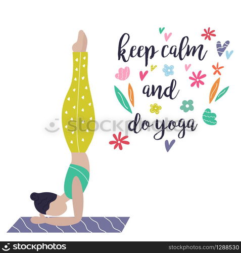 Beautiful yoga girl in asana. Keep calm and do yoga colorful concept poster with hand drawn elements.. Yoga girl. Yoga vibes colorful concept poster