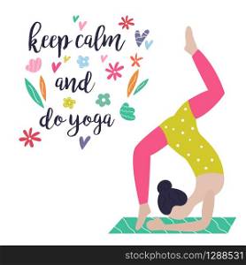 Beautiful yoga girl in asana. Keep calm and do yoga colorful concept poster with hand drawn elements.. Yoga girl. Yoga vibes colorful concept poster