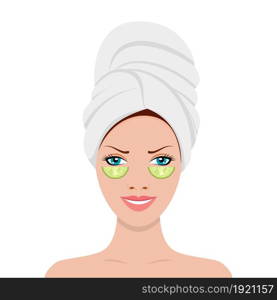 Beautiful young appearance woman in towel on head and slices cucumber on her face. Health and beauty spa treatment. Vector illustration in flat style. woman in towel on head