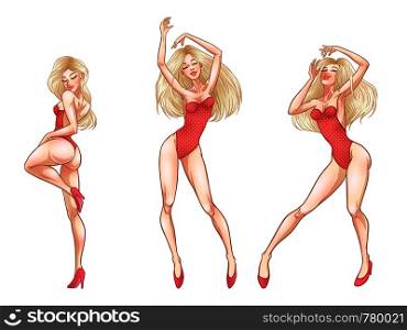 Beautiful young blonde woman dancing in red underwear, hot sexy girl, club, burlesque, striptease sex symbol. Vector illustration