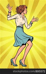 Beautiful young business woman dancing. Pop art retro vector illustration drawing. Beautiful young business woman dancing