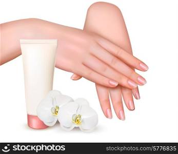 Beautiful young female hands with a cream and orchids. Vector.