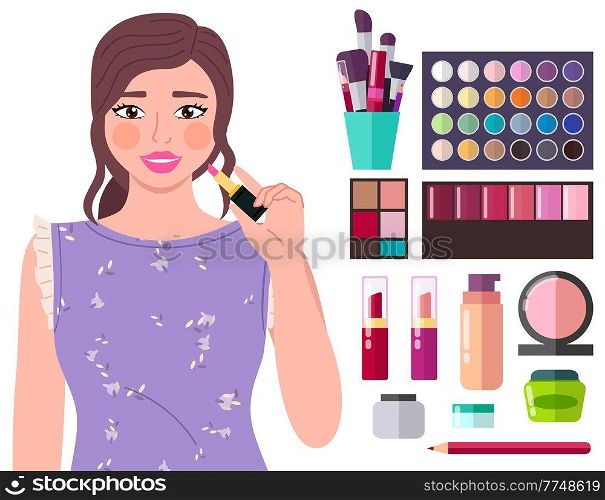 Beautiful young girl makes look and does makeup, looks after beauty and paints lips isolated on white. Makeup cosmetics tools and Korean cosmetics. Beauty products collection for skin care and health. Beautiful young girl makes look and does makeup looks after beauty and paints lips isolated on white