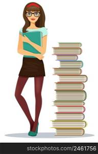 Beautiful young girl student wearing glasses clutching a file of notes standing alongside stacked books in a tall tower vector illustration