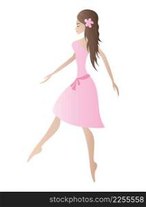Beautiful young girl wearing pink dress dancing isolated on white background. Vector illustration.