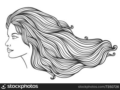 Beautiful young girl with long curly hair on a white background. Hand drawn vector illustration.