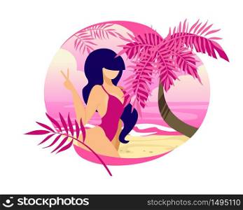 Beautiful Young Girl with Long Hair Wearing Pink Bikini Showing Victory Gesture Stand on Sandy Beach with Palm Tree, Summer Time Vacation Traveling Cartoon Flat Vector Illustration, Tag, Sticker, Icon. Girl Showing Victory Gesture Stand on Sandy Beach