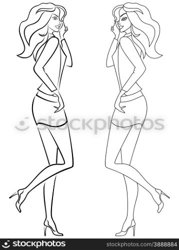 Beautiful young girl with luxurious hair in a short skirt, vector outline in two embodiments, one with the continuous line and the other with separate lines