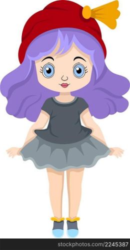 beautiful young girl with purple hair wearing a cute short skirt, cartoon character design