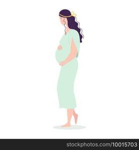 Beautiful young pregnant woman in full growth. Happy motherhood concept, pregnancy planning. Vector illustration in flat style on white background.