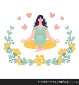 Beautiful young pregnant woman in lotus position. Yoga and sports concept for pregnant women. Vector illustration in a flat style on a white background in a floral frame.
