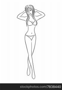 Beautiful young slim woman in bikini, vector hand drawing black contour on a white background
