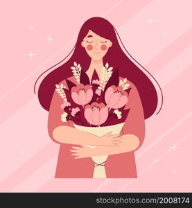 Beautiful young woman bouquet for celebration design. Greeting card, postcard for birthday, international womans day. Cartoon vector illustration