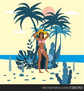 Beautiful young woman character in bikini and hat on background of exotic plants of palm sea. Beautiful young woman character in bikini and hat on background of exotic plants of palm sea, ocean, beach. Trend modern flat cartoon, vector, isolated, poster