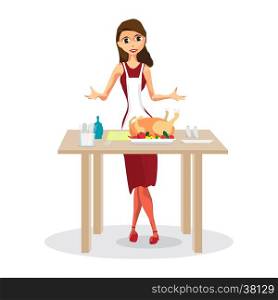 Beautiful young woman cooking traditional turkey in the kitchen. Cartoon style vector illustration isolated on white background