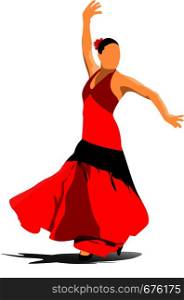 Beautiful young woman dancing flamenco isolated on white. Vector illustration
