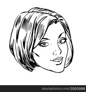 Beautiful young woman face smile retro line art graphics. Beautiful young woman face smile retro line art