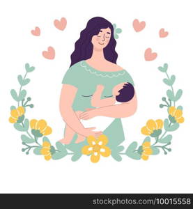 Beautiful young woman holding a baby. The concept of happy motherhood, family, love. Vector illustration in a flat style on a white background in a floral frame.