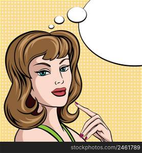 Beautiful young woman in Comic Pop Art Style with green eyes and shoulder length brown hair with her finger to her chin and blank thought bubble with copyspace vector illustration