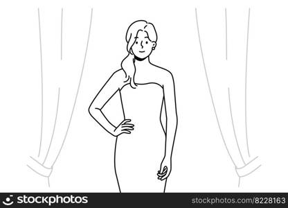 Beautiful young woman in dress standing on stage. Pretty female in fashionable gown on beauty contest. Glamour and fashion. Vector illustration. . Beautiful young woman in dress on stage 