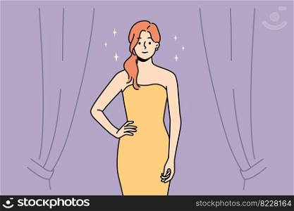 Beautiful young woman in dress standing on stage. Pretty female in fashionable gown on beauty contest. Glamour and fashion. Vector illustration. . Beautiful young woman in dress on stage 