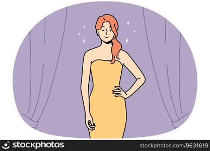 Beautiful young woman in dress standing on stage. Pretty female in fashionable gown on beauty contest. Glamour and fashion. Vector illustration.. Beautiful young woman in dress on stage