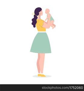 Beautiful young woman in full growth holding a baby. The concept of happy motherhood, family, love. Vector illustration in flat style on white background.