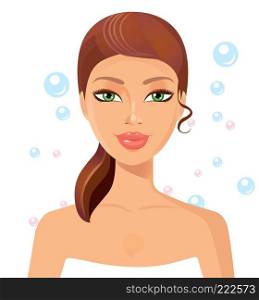 Beautiful young woman perfect face with bubbles. Skin beauty spa skincare concept.
