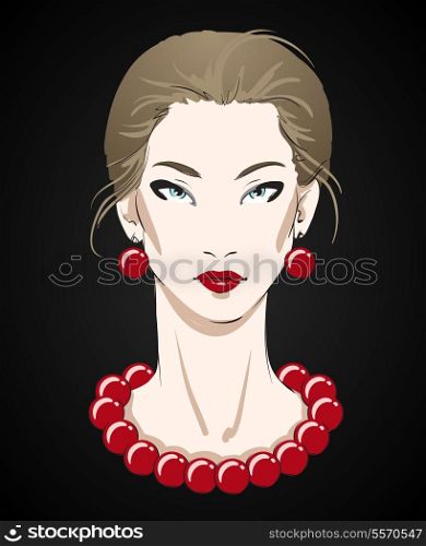 Beautiful young woman portrait with red necklace and earrings isolated on black vector illustration