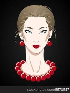 Beautiful young woman portrait with red necklace and earrings isolated on black vector illustration