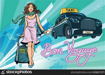 Beautiful young woman tourist passenger taxi. Pop art retro vector illustration. Beautiful young woman tourist passenger taxi