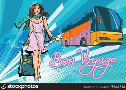 Beautiful young woman tourist passenger tour bus. Pop art retro vector illustration. Beautiful young woman tourist passenger tour bus