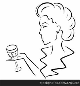 Beautiful young woman with a wineglass in hand, black over white vector sketching artwork