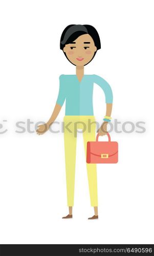 Beautiful Young Woman with Cheerful Attitude. Beautiful young woman with cheerful attitude. Woman in blue shirt and yellow pants with red lady s bag. Smiling young woman personage in flat design isolated on white background. Vector illustration