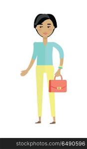Beautiful Young Woman with Cheerful Attitude. Beautiful young woman with cheerful attitude. Woman in blue shirt and yellow pants with red lady s bag. Smiling young woman personage in flat design isolated on white background. Vector illustration
