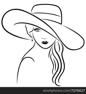 Beautiful young woman with long wavy locks posing half-turn in wide-brimmed hat, hand drown vector outline