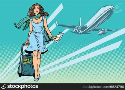 Beautiful young woman with Luggage at the airport. Pop art retro vector illustration. Beautiful young woman with Luggage at the airport