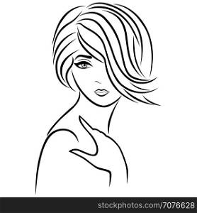 Beautiful young woman with stylish headdress casually posing half-turn, hand drown vector outline
