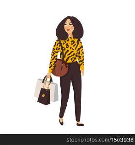 Beautiful young women in fashion clothes with shopping bags. Detailed female characters with accessories. Flat style vector illustration.. Beautiful young women in fashion clothes. Detailed female characters with accessories. Flat style vector illustration