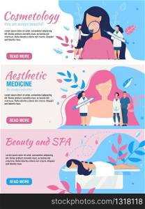 Beauty, Aesthetic Medicine Cosmetology and Diet Proper Nutrition for Woman Promo Set. Flat Header Banner Kit. Spa Salon Services. Skin and Body Care. Cartoon Doctor and Patients. Vector Illustration. Beauty, Cosmetology and Diet for Woman Promo Set