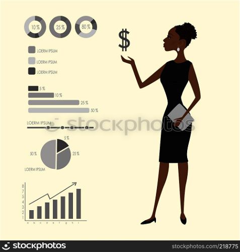 Beauty african american business woman and infographics template,stock vector illustration. Beauty  business woman and infographics template